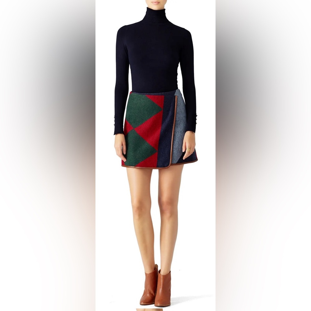 Tory Burch Colorblock Geometric Mini Skirt in Red, Green & Navy
